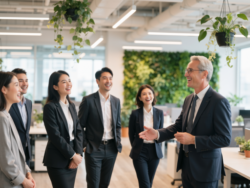 公司团队合影，包含五名年轻员工，穿着正装，站在现代化办公室环境中，友好微笑表情