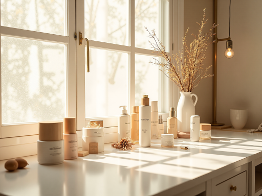 精美生活用品展示，包含各种家居装饰品和实用工具，摆放在整洁的白色桌面上，明亮自然光照明