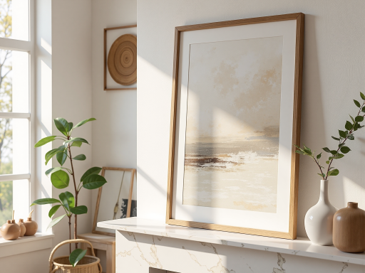 现代家居装饰品，包含花瓶和装饰画，摆放在客厅环境中，明亮自然光