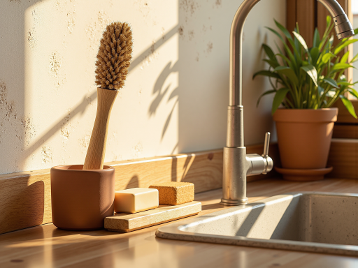 现代厨房用品套装，包含不锈钢锅具和餐具，摆放在木质台面上，温暖室内光线